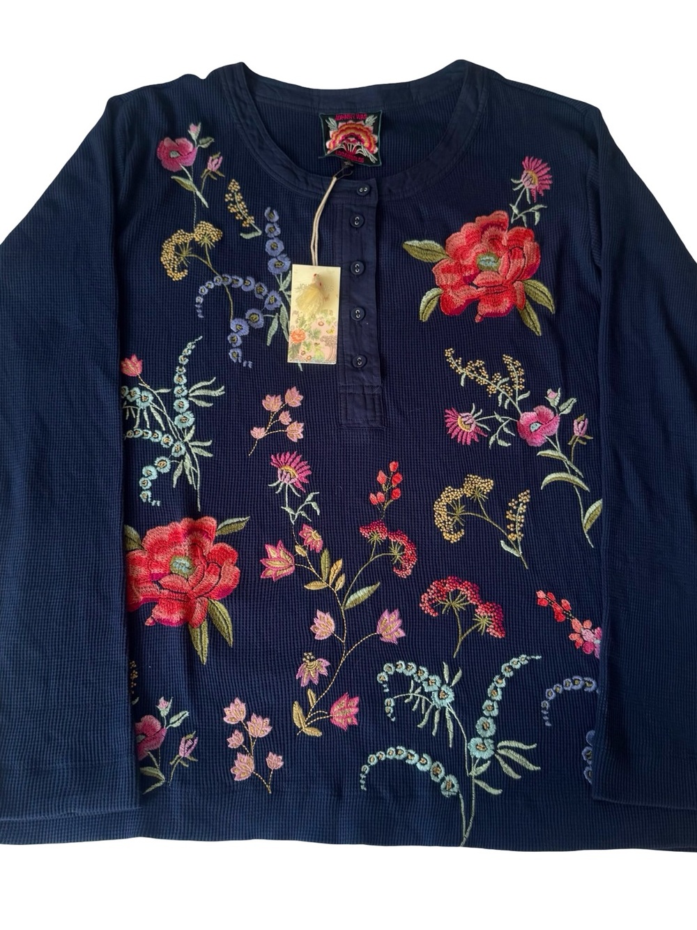 NWT Johnny Was Women’s Blue Mixed Media Henley Thermal Floral Embroidery Size XL